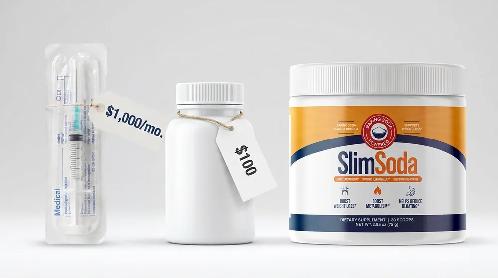 Injections, celebrity capsules, and SlimSoda side by side