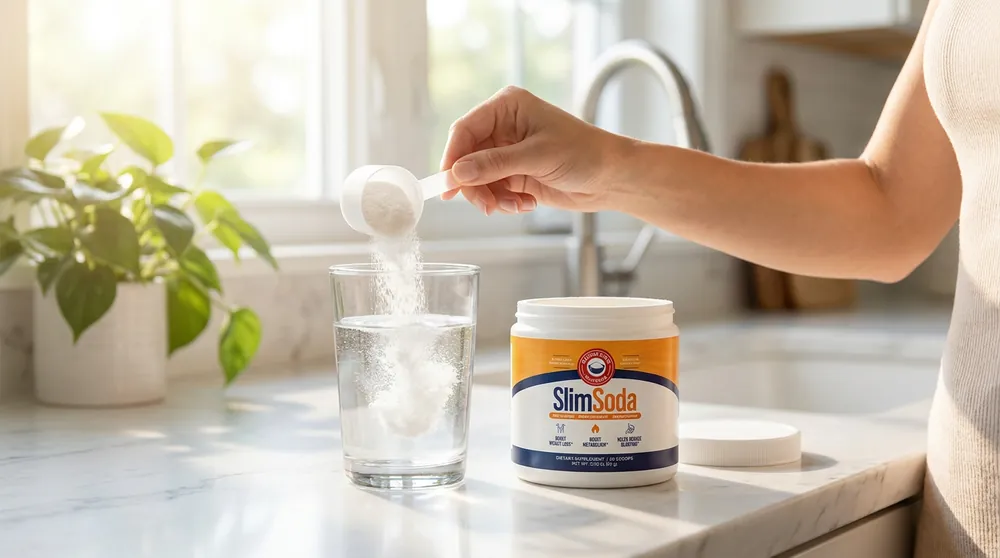 A scoop of SlimSoda dissolving in a glass of water