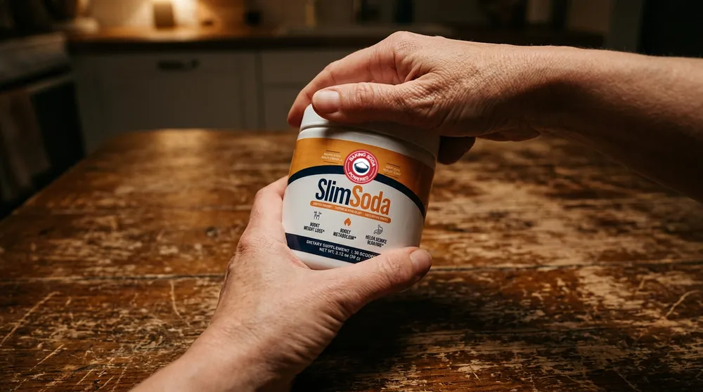 Holding a jar of SlimSoda